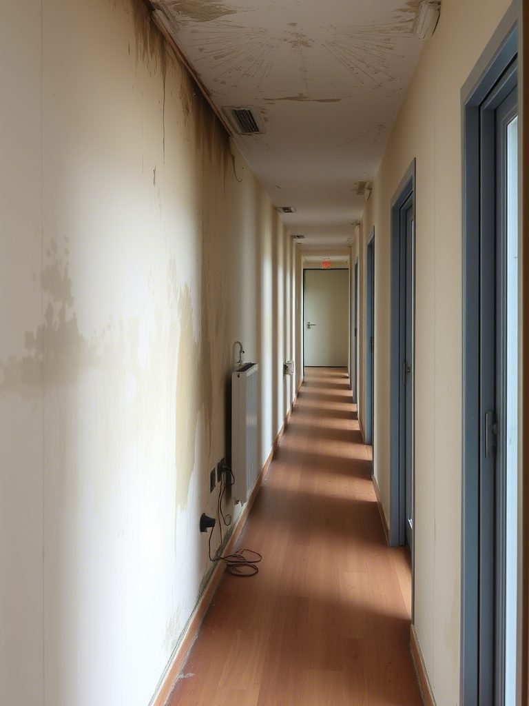 Couloir d’immeuble avec traces d’humidité au plafond