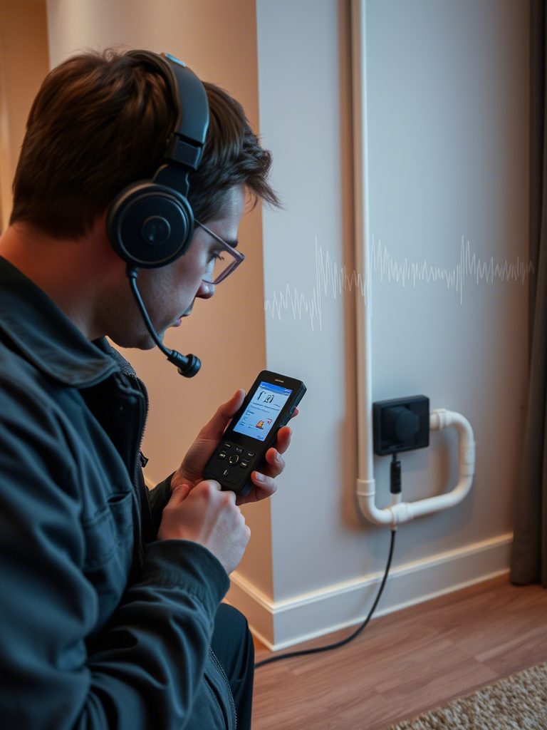 Technicien avec casque d’écoute électro-acoustique le long d’un mur