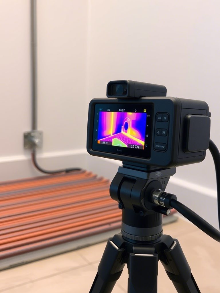 Caméra thermique sur trépied face à un plancher chauffant